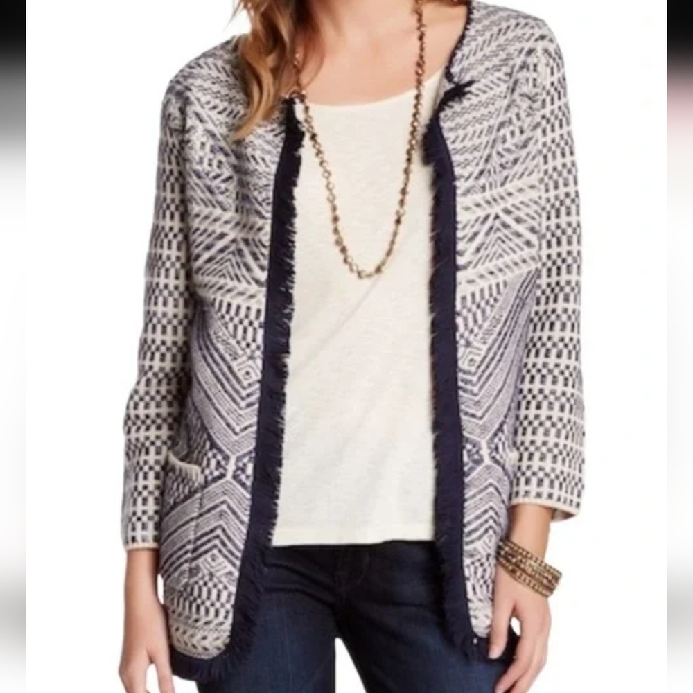 Lucky Brand Woven Tweed Fringe Open Front Cardigan Jacket -L